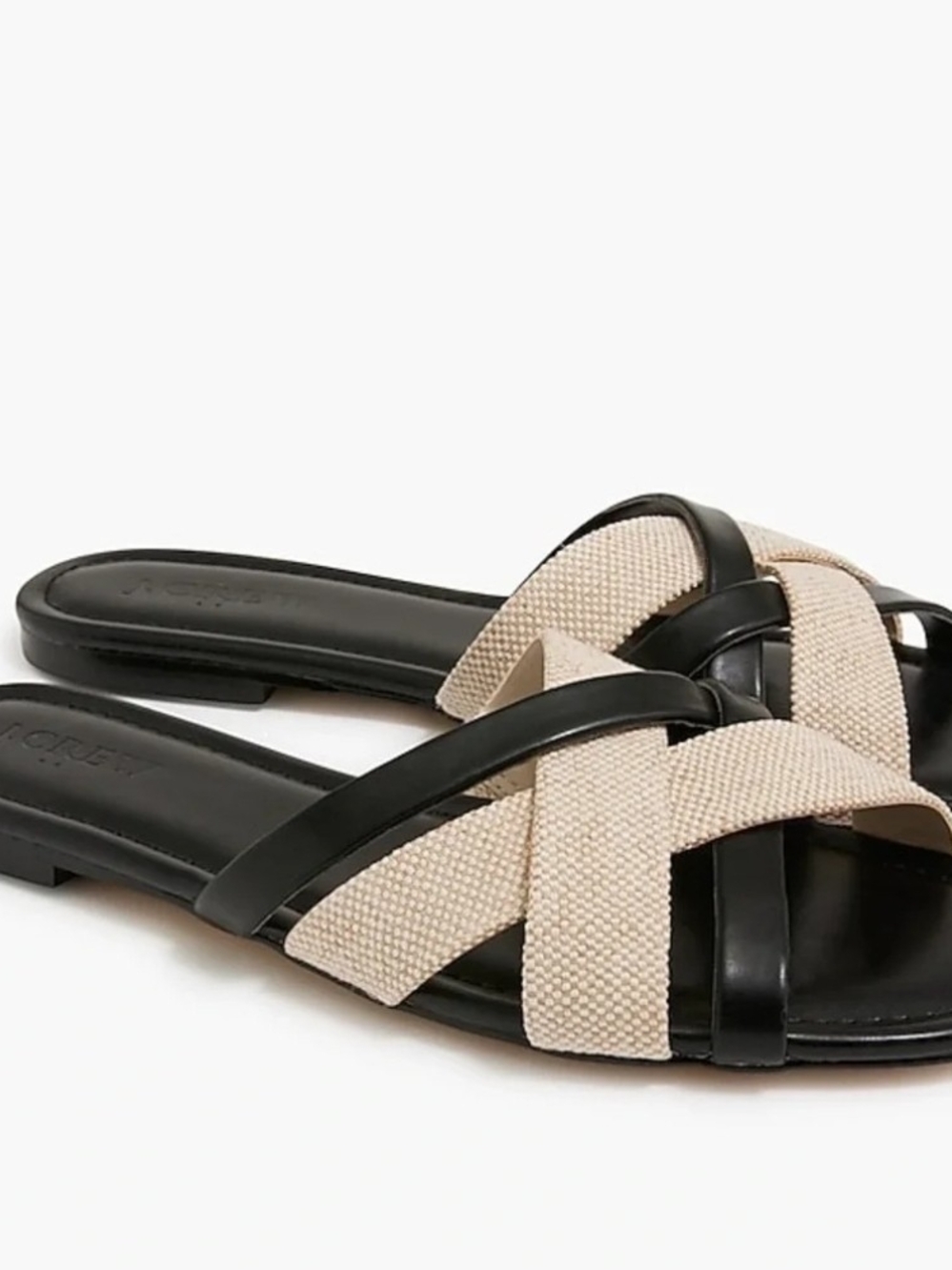 J. Crew Black and Cream Crisscross Leather Woven Linen Slide Sandals Sz 11 Women